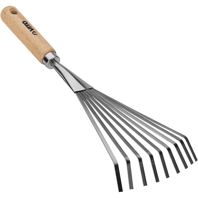 VITO Handrechen aus Edelstahl mit Holzgriff, Fächerbesen für Garten - Kleinrechen für Laub, Unkraut und Grasschnitt - Fächerbreite 13 cm Gesamtlänge 40cm - Elastische Zinken - VIVRM - Tools.de TP Profishop GmbH