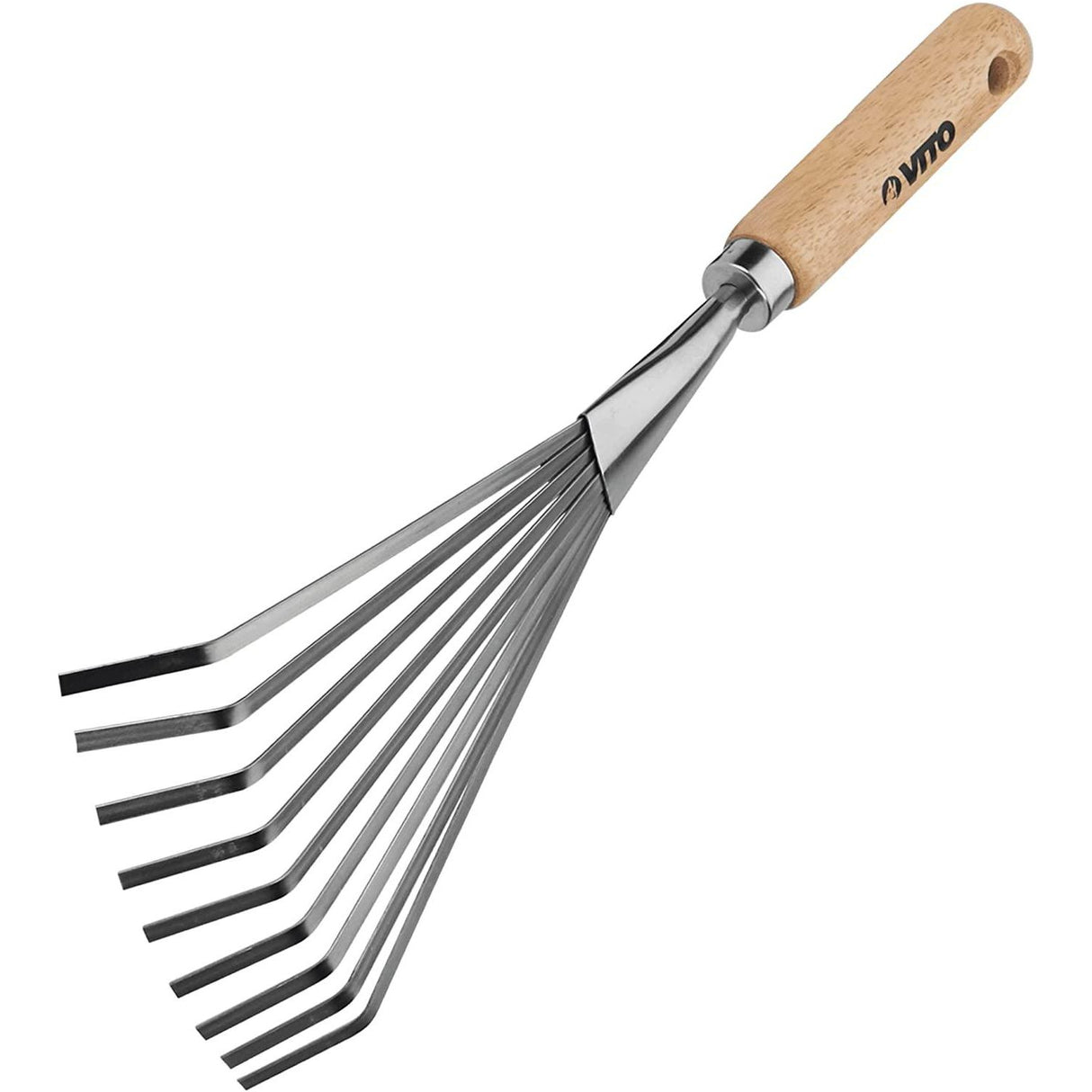 VITO Handrechen aus Edelstahl mit Holzgriff, Fächerbesen für Garten - Kleinrechen für Laub, Unkraut und Grasschnitt - Fächerbreite 13 cm Gesamtlänge 40cm - Elastische Zinken - VIVRM - Tools.de TP Profishop GmbH