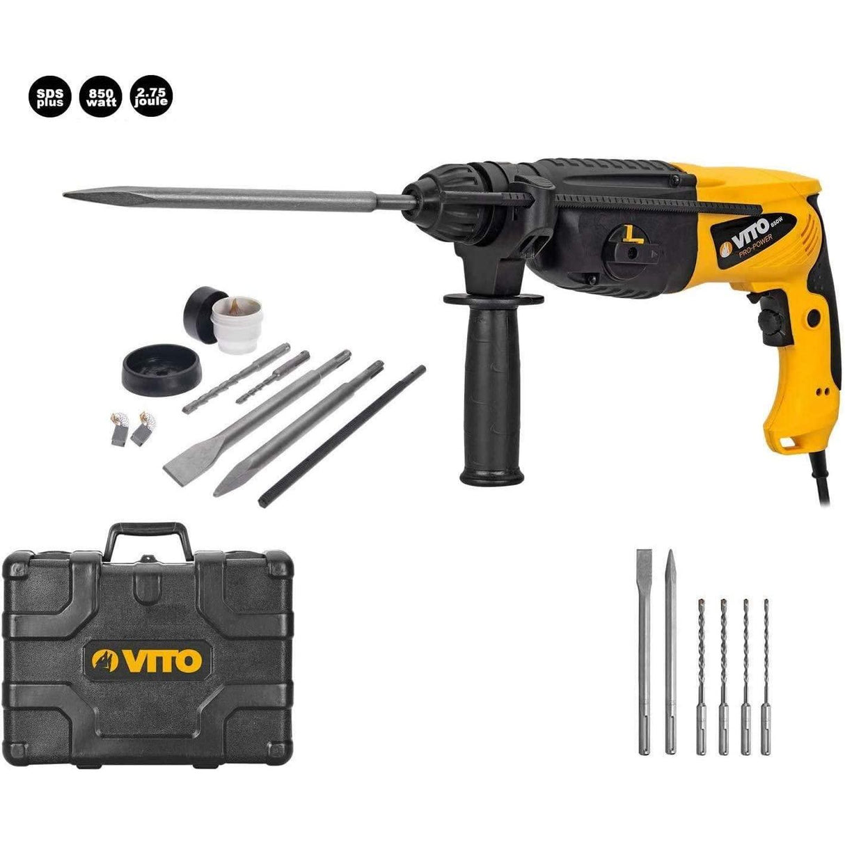 VITO Kombihammer 850 W - SDS-Plus - Bohrhammer Meisselhammer Abbruchhammer - mit 4 Funktionen: Hämmern, Meißeln, Bohren, Schlagbohren - mit Transportkoffer - VIMP850 - Tools.de TP Profishop GmbH