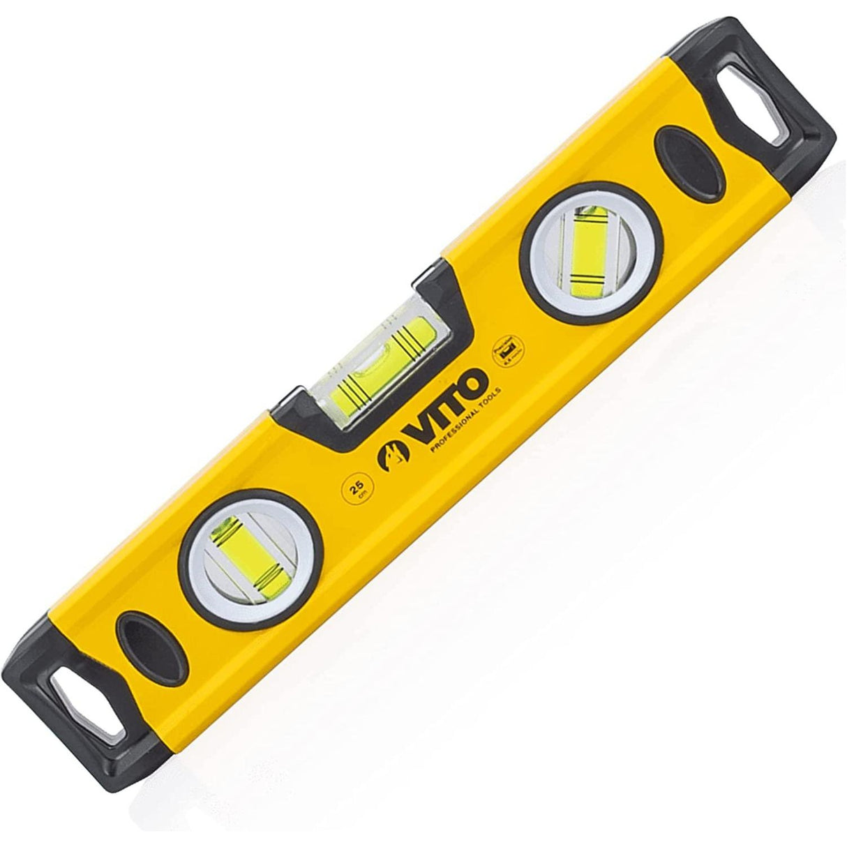 VITO Magnetische Aluminium-Wasserwaage -25cm Lang - rundum ablesbar - Antischock Seitenanschläge - 3 Blasen: lotrecht, waagerecht und 45 Grad - Maße:250 x 55 x 22 mm - VINAL25 - Tools.de TP Profishop GmbH