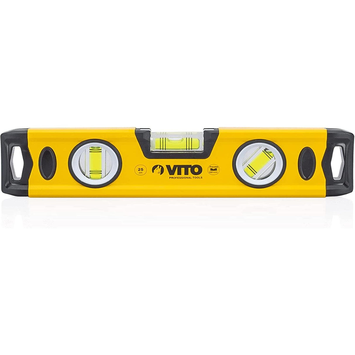 VITO Magnetische Aluminium-Wasserwaage -25cm Lang - rundum ablesbar - Antischock Seitenanschläge - 3 Blasen: lotrecht, waagerecht und 45 Grad - Maße:250 x 55 x 22 mm - VINAL25 - Tools.de TP Profishop GmbH