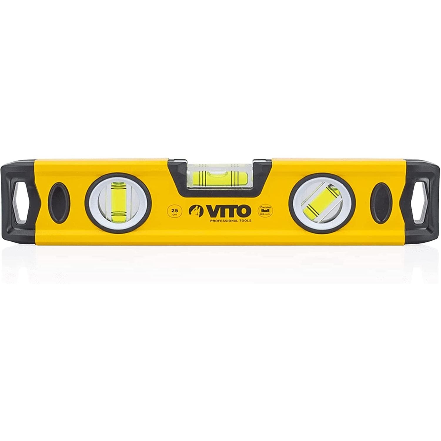 VITO Magnetische Aluminium-Wasserwaage -25cm Lang - rundum ablesbar - Antischock Seitenanschläge - 3 Blasen: lotrecht, waagerecht und 45 Grad - Maße:250 x 55 x 22 mm - VINAL25 - Tools.de TP Profishop GmbH