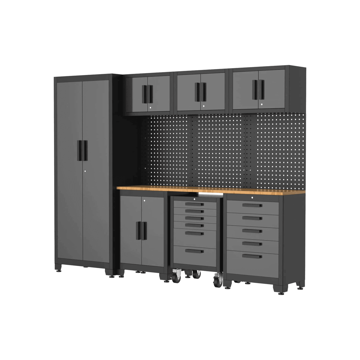 VITO Männerküche - 11-TLG Werkstatteinrichtungs Set mit Schubladen ca. 255 x 50 x 200 cm, Garage Werkstatteinrichtung, Werkbank, Werkzeugschrank, Werkbank mit Holzarbeitsplatte - (VIAGC2) - Tools.de TP Profishop GmbH