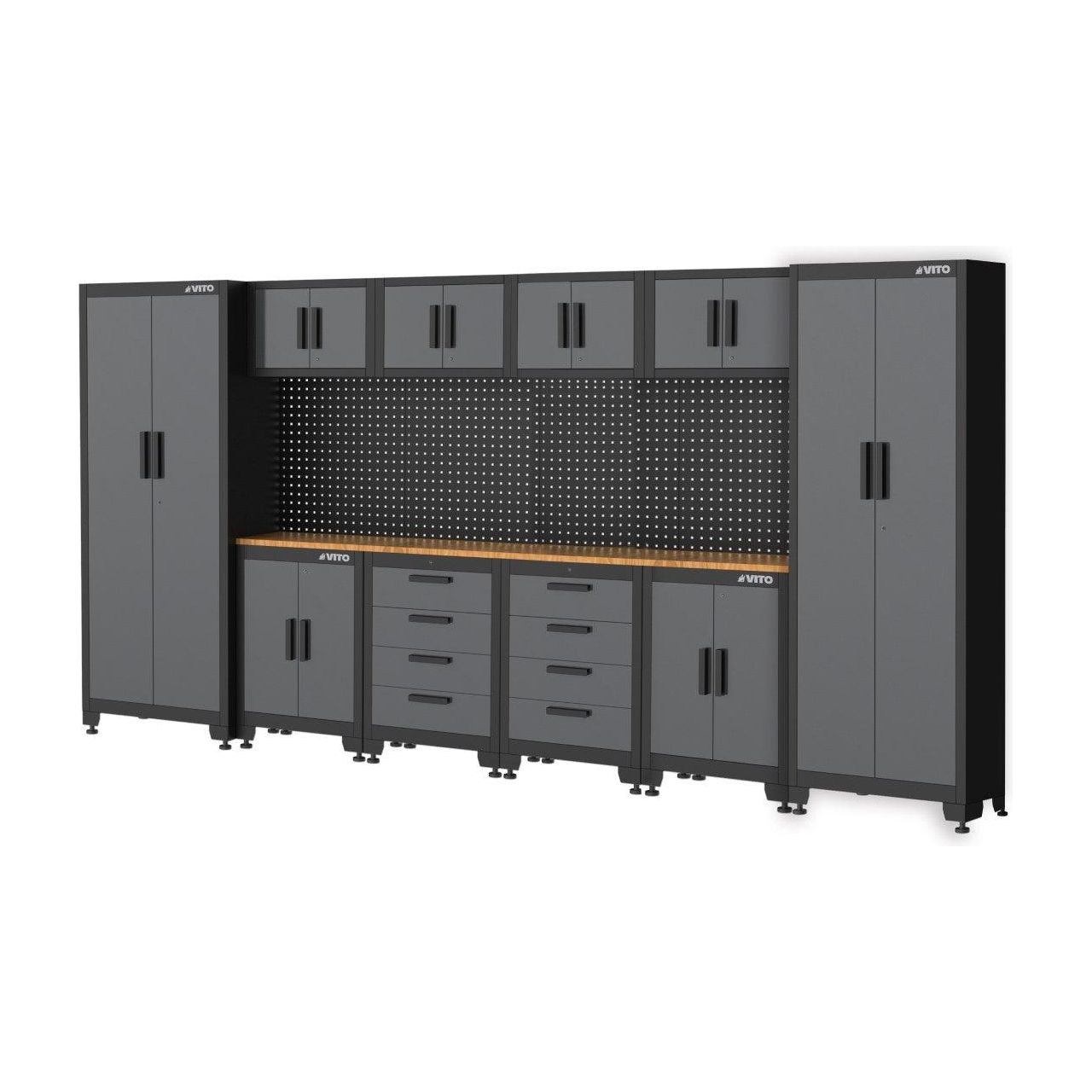 VITO Männerküche - Garagenmöbel, Werkstatteinrichtung Set mit Schubladen 16-tlg ca. 395x50x200cm, Werkzeugschrank, Werkbank mit Holzarbeitsplatte - Tools.de TP Profishop GmbH
