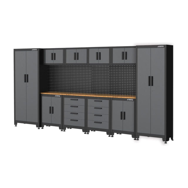 VITO Männerküche - Garagenmöbel, Werkstatteinrichtung Set mit Schubladen 16-tlg ca. 395x50x200cm, Werkzeugschrank, Werkbank mit Holzarbeitsplatte - Tools.de TP Profishop GmbH
