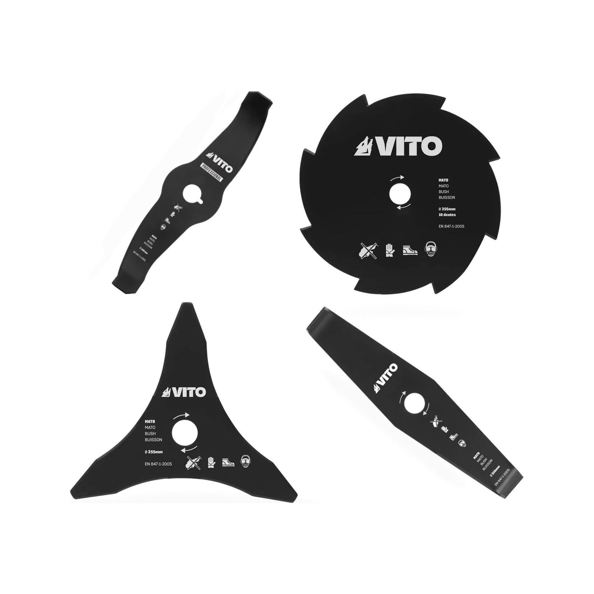 VITO MesserKit für Motorsensen, Freischneider 4er SET Grasschneideblatt, Häckselmesser, Dickichtmesser, Universal - 255mm - Unterholz, Gras schneiden - 25,4mm Bohrungsdurchmesser - Tools.de TP Profishop GmbH