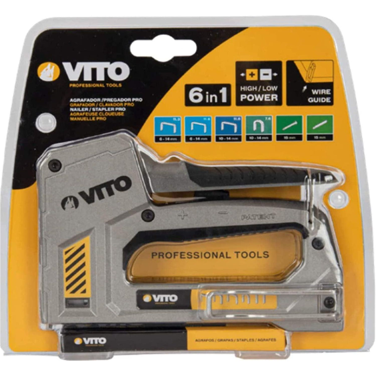 VITO Pro Tacker Set - Hochwertiger & robuster Werkzeugtacker Set, Handtacker mit Klammern 6in1 mit einstellbarer Schusskraft - Inkl. 6500 Klammer / Nägel 6-14mm - Tools.de TP Profishop GmbH