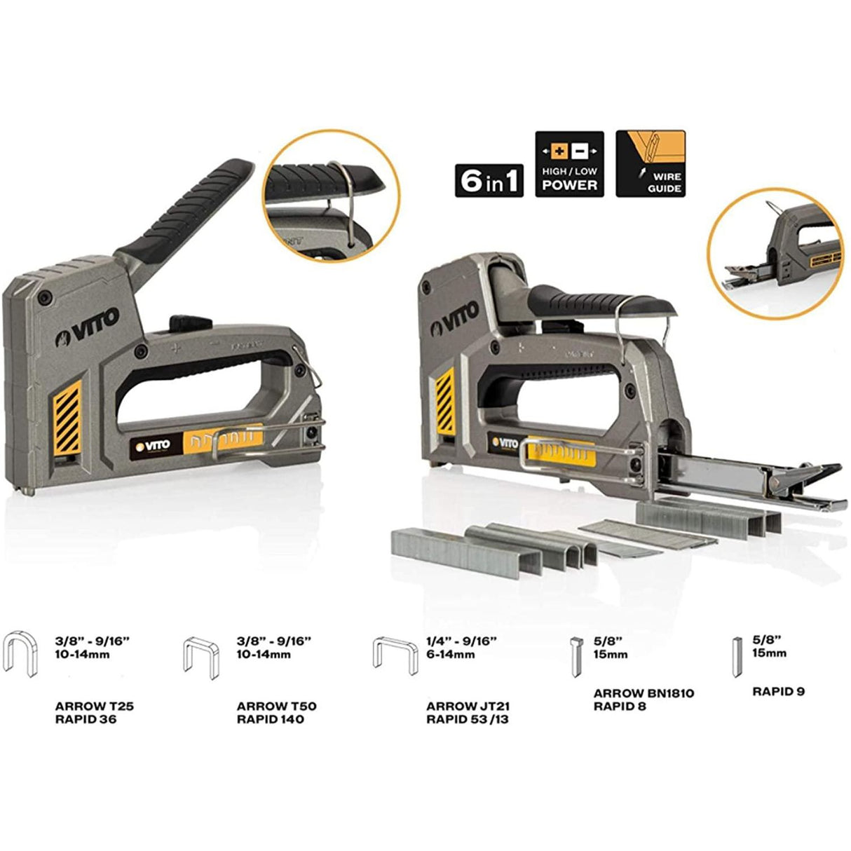 VITO Pro Tacker Set - Hochwertiger & robuster Werkzeugtacker Set, Handtacker mit Klammern 6in1 mit einstellbarer Schusskraft - Inkl. 6500 Klammer / Nägel 6-14mm - Tools.de TP Profishop GmbH