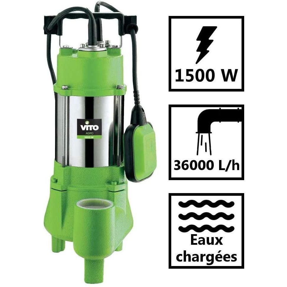 VITO Tauchpumpe, Entwässerungspumpe 1100 W, Abwasserpumpe aus rostfreier Stahl und Gusseisen, Durchfluss: 36000 l/h, Max. Förderhöhe 15m, praktisch und robust, mit Schwimmerschalter, Kupfermotor - Tools.de TP Profishop GmbH