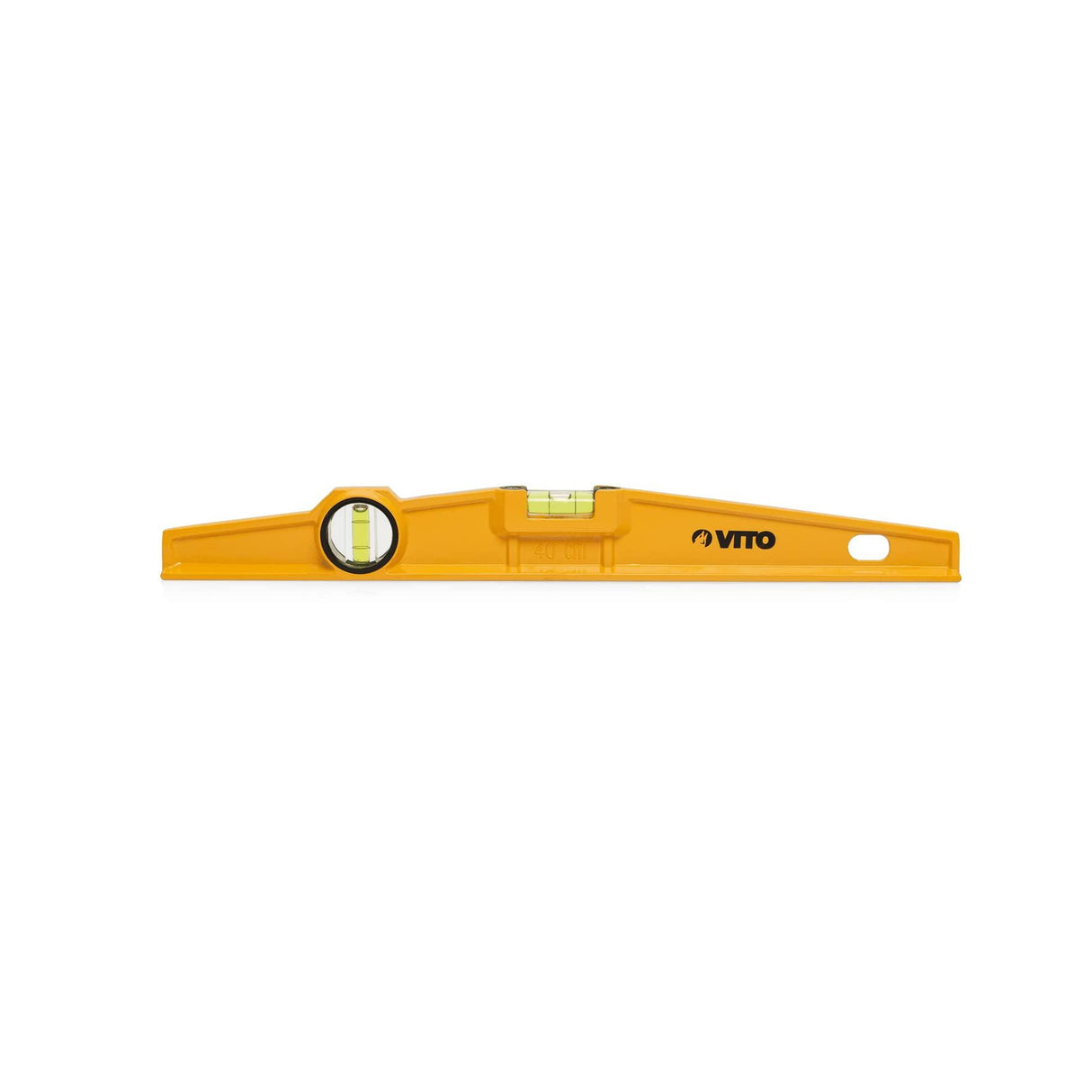 VITO Torpedo-Ebene 60 cm, Aluminiumrahmen; - Enthält 2 Blasen: Lot und Libelle; - Genauigkeit: 0,5 mm/m; - Aufhängeloch, Farbe: Gelb/schwarz, Abmessungen: 600x45x20mm - VINT60 - Tools.de TP Profishop GmbH