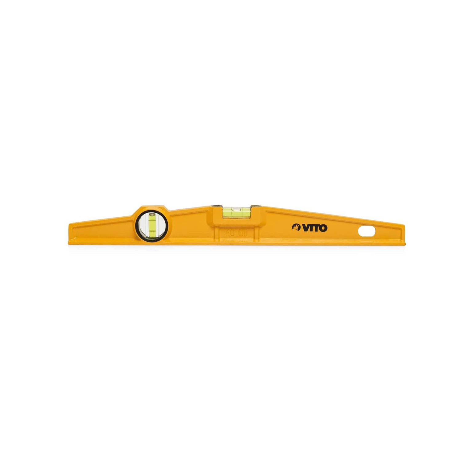 VITO Torpedo-Ebene 60 cm, Aluminiumrahmen; - Enthält 2 Blasen: Lot und Libelle; - Genauigkeit: 0,5 mm/m; - Aufhängeloch, Farbe: Gelb/schwarz, Abmessungen: 600x45x20mm - VINT60 - Tools.de TP Profishop GmbH