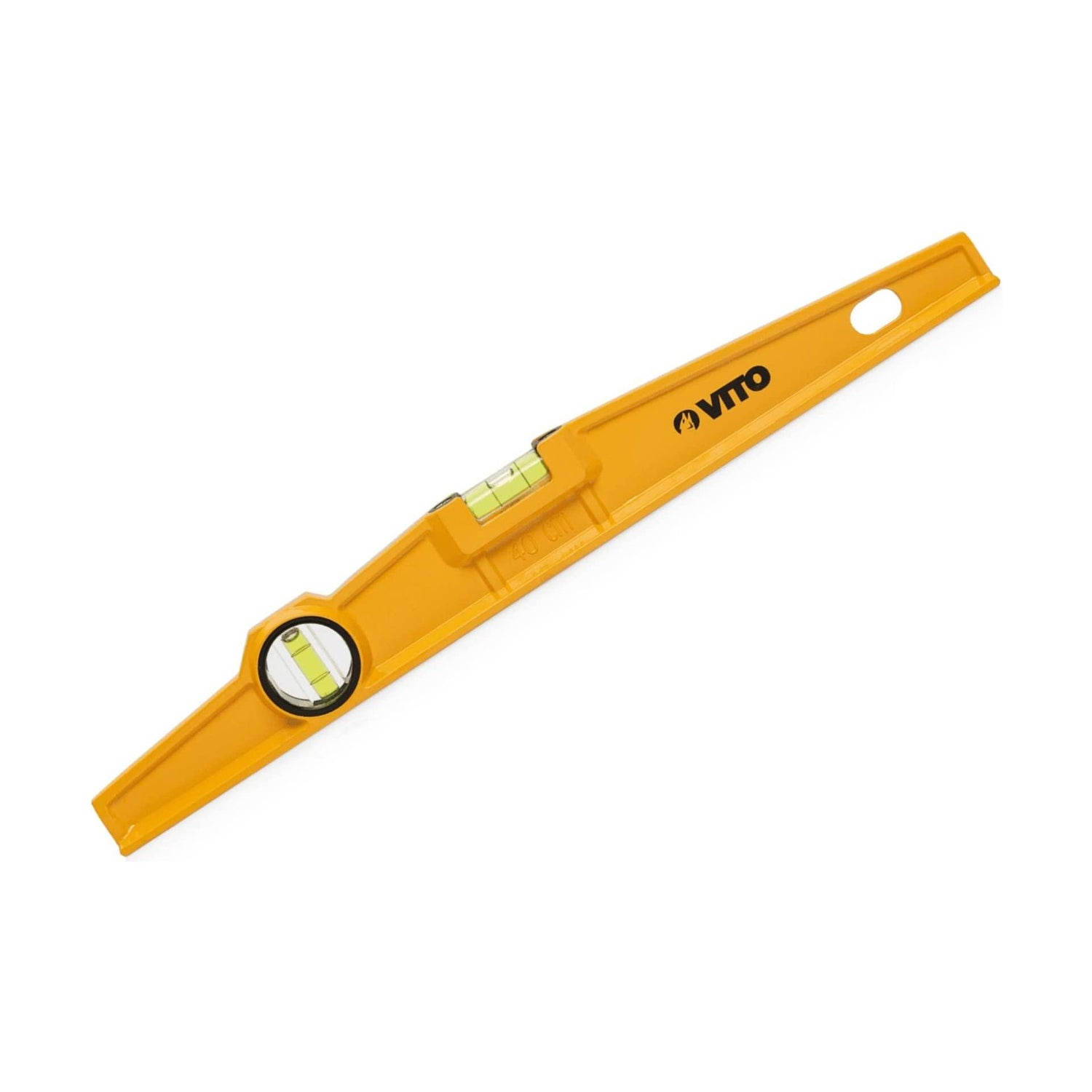 VITO Torpedo-Ebene 60 cm, Aluminiumrahmen; - Enthält 2 Blasen: Lot und Libelle; - Genauigkeit: 0,5 mm/m; - Aufhängeloch, Farbe: Gelb/schwarz, Abmessungen: 600x45x20mm - VINT60 - Tools.de TP Profishop GmbH