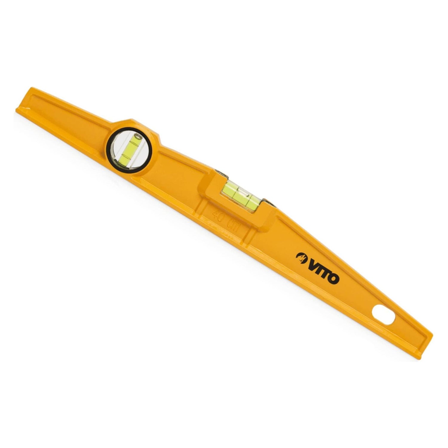 VITO Torpedo-Ebene 60 cm, Aluminiumrahmen; - Enthält 2 Blasen: Lot und Libelle; - Genauigkeit: 0,5 mm/m; - Aufhängeloch, Farbe: Gelb/schwarz, Abmessungen: 600x45x20mm - VINT60 - Tools.de TP Profishop GmbH