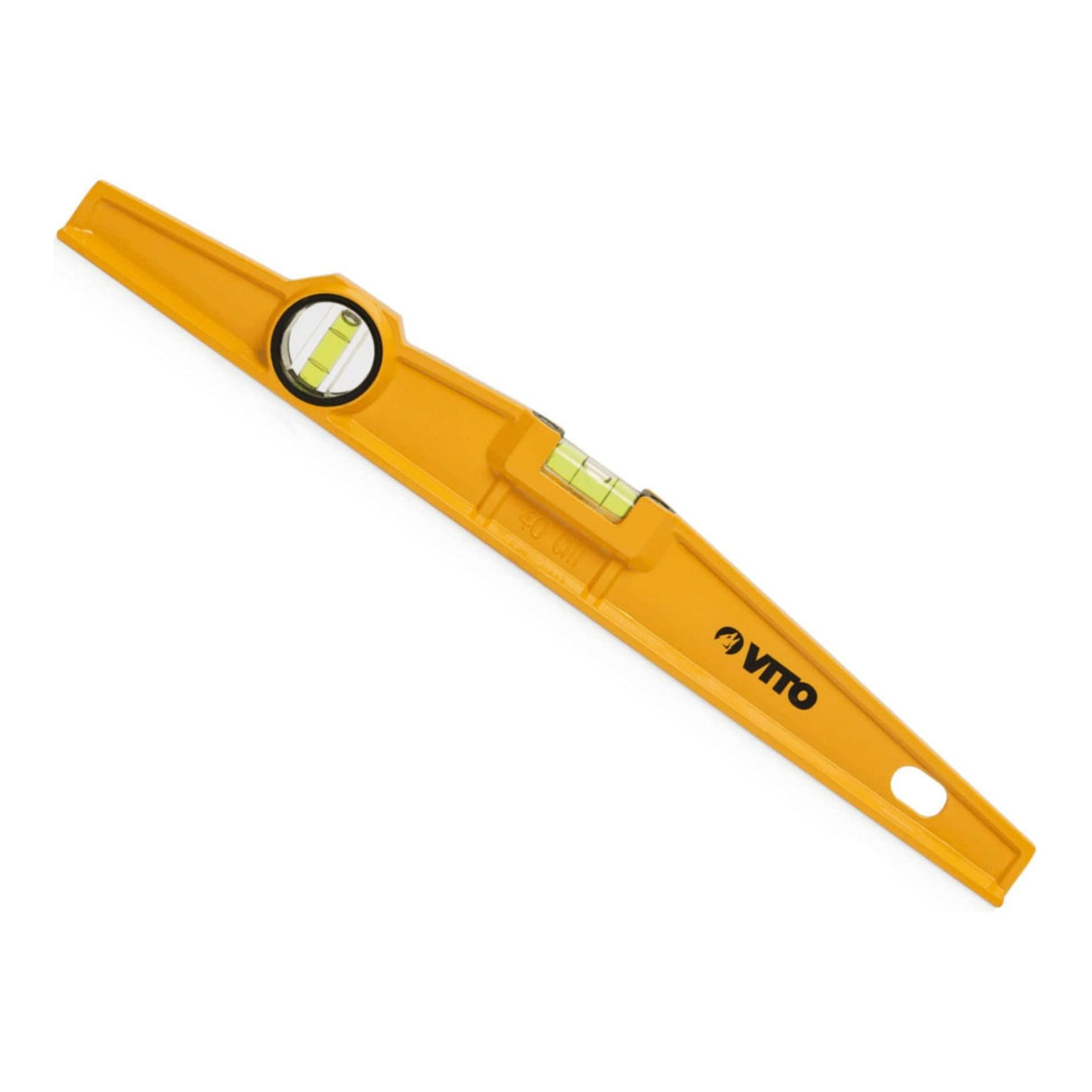 VITO Torpedo-Ebene 60 cm, Aluminiumrahmen; - Enthält 2 Blasen: Lot und Libelle; - Genauigkeit: 0,5 mm/m; - Aufhängeloch, Farbe: Gelb/schwarz, Abmessungen: 600x45x20mm - VINT60 - Tools.de TP Profishop GmbH