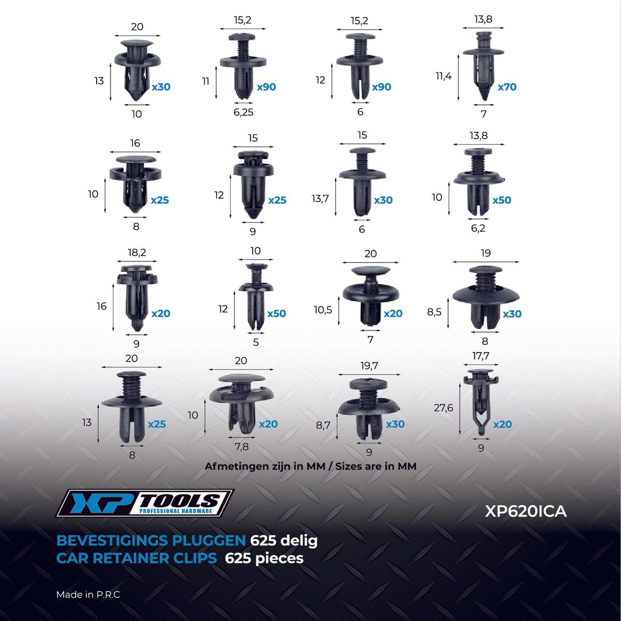 XPTools Autohalterung Push-Clips-Kit 625 Stück + Verschluss-Entferner - XP620ICA - Tools.de TP Profishop GmbH