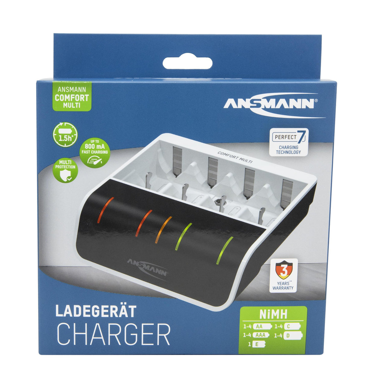 ANSMANN Akku-Ladegerät Comfort-Multi mit USB-Eingang für NiMH-Akkus AA AAA C D 9V
