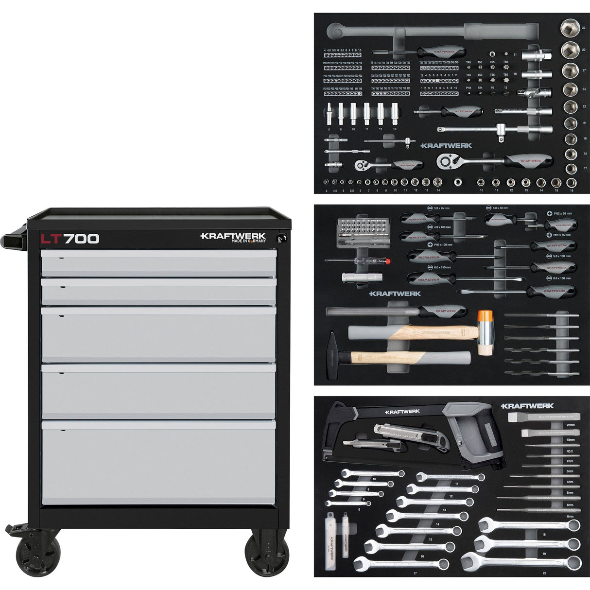Kraftwerk Werkstattwagen mit Werkzeug bestückt „Made in Germany“ Modell LT LINE LT700, 5 Schubladen, 259-tlg