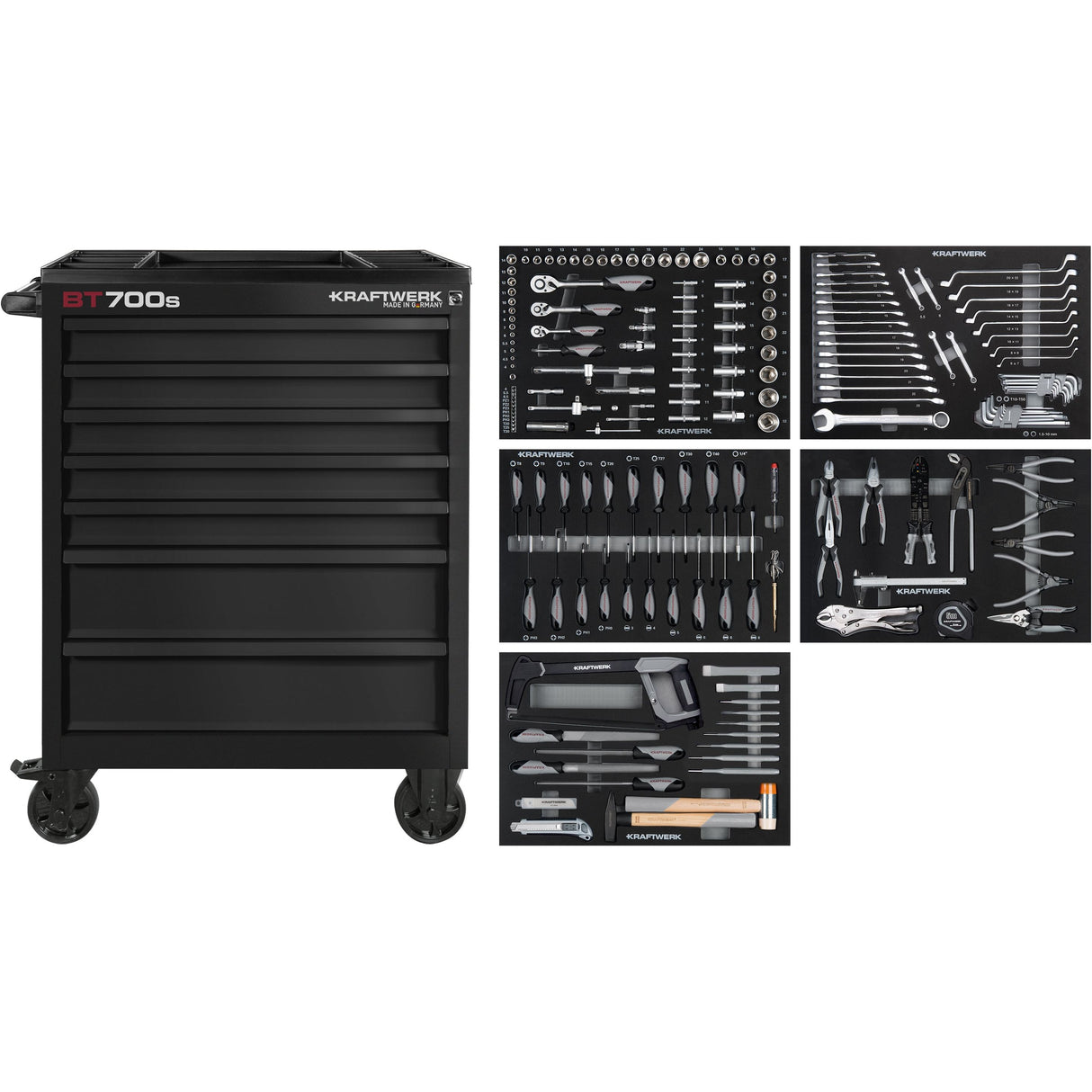 Kraftwerk Werkstattwagen mit Werkzeug bestückt „Made in Germany“ Modell BT LINE Black Edition BT700s, 7 Schubladen, 194-tlg