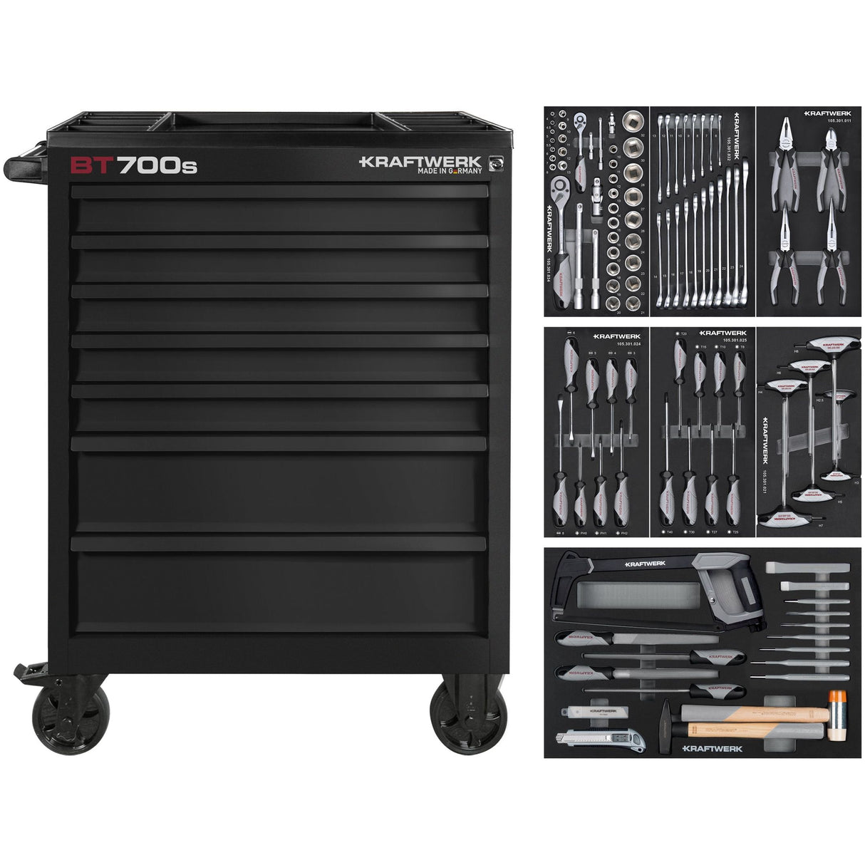 Kraftwerk Werkstattwagen mit Werkzeug bestückt „Made in Germany“ Modell BT LINE Black Edition BT700s, 7 Schubladen, 113-tlg