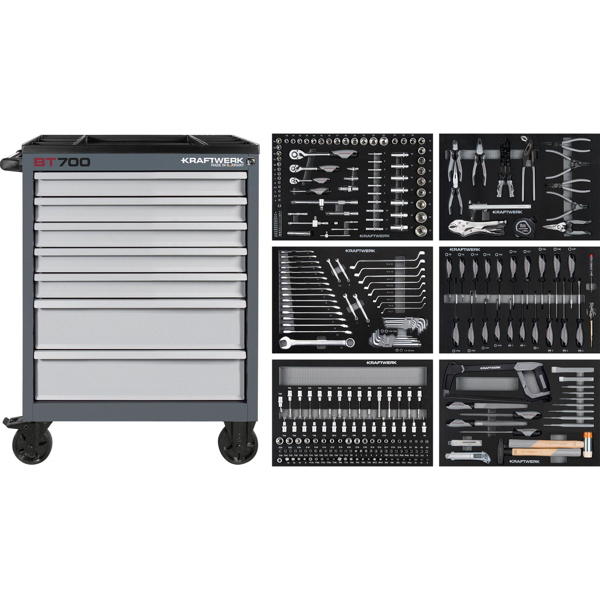 Kraftwerk Werkstattwagen mit Werkzeug bestückt „Made in Germany“ Modell BASIC LINE BT700, 7 Schubladen, 301-tlg