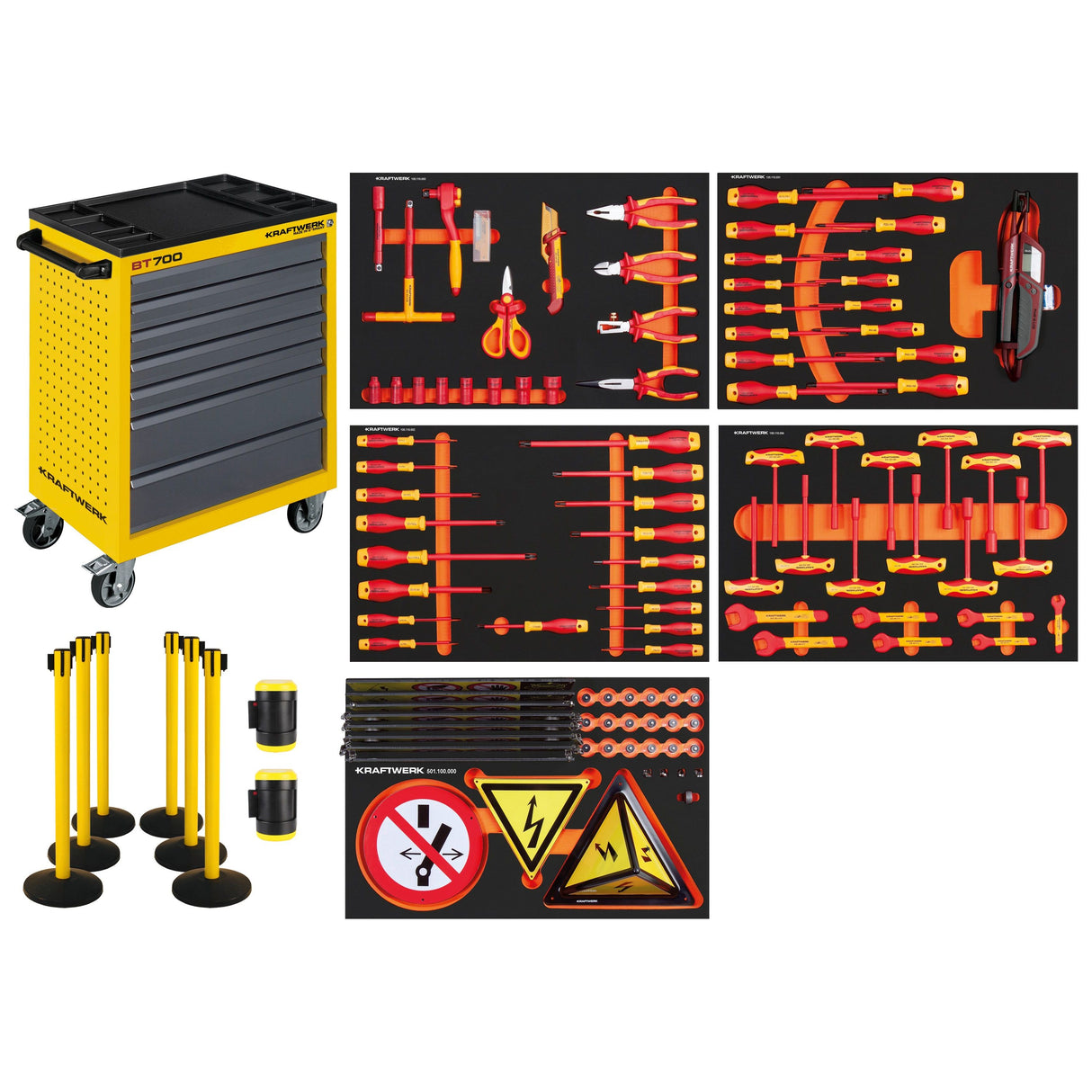 Kraftwerk Werkstattwagen mit Werkzeug bestückt „Made in Germany" Modell BASIC LINE VDE-Wagen BT700, 7 Schubladen, mit Absperrmaterial, 124-tlg