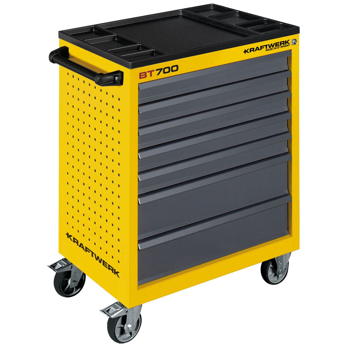 Kraftwerk Werkstattwagen mit Werkzeug bestückt „Made in Germany" Modell BASIC LINE VDE-Wagen BT700, 7 Schubladen, mit Absperrmaterial, 124-tlg