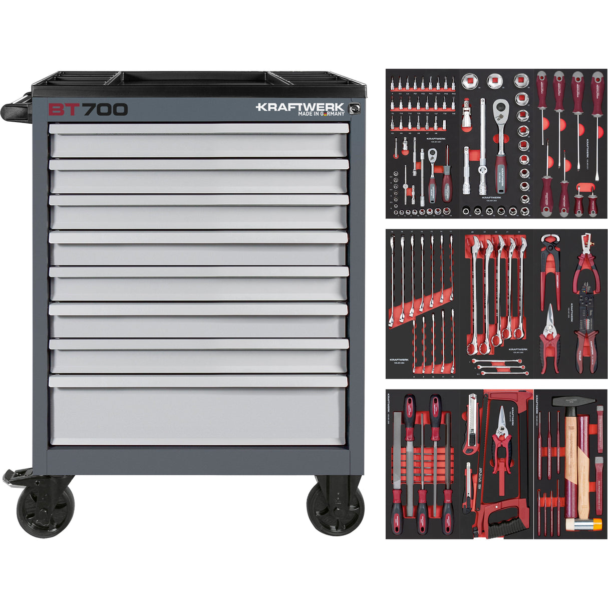 Kraftwerk Werkstattwagen mit Werkzeug bestückt „Made in Germany“ Modell BASIC LINE BT700, 8 Schubladen, PRO LINE Werkzeug, 143-tlg