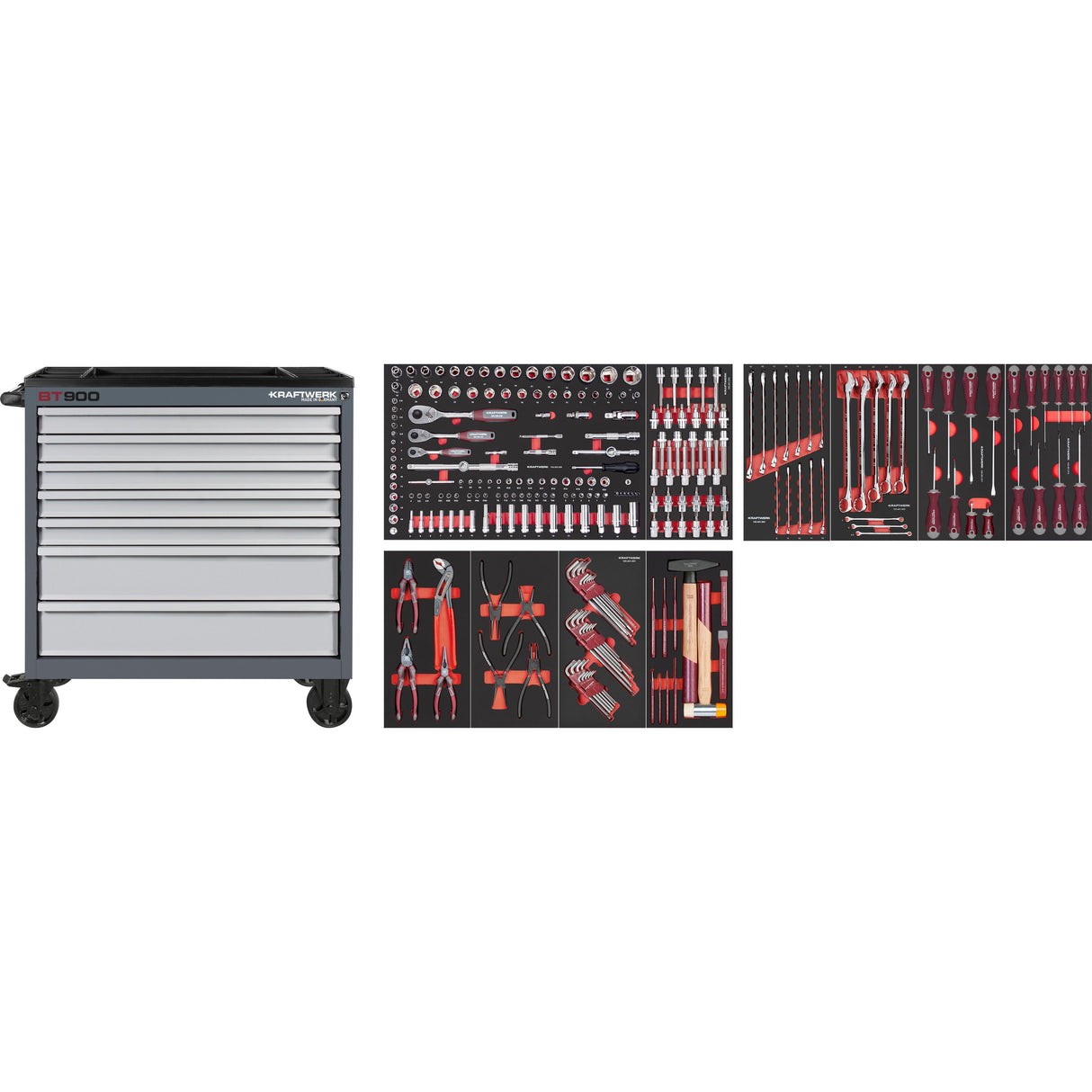 Kraftwerk Werkstattwagen mit Werkzeug bestückt „Made in Germany“ Modell BASIC LINE BT900, 7 Schubladen, PRO LINE Werkzeug, 244-tlg