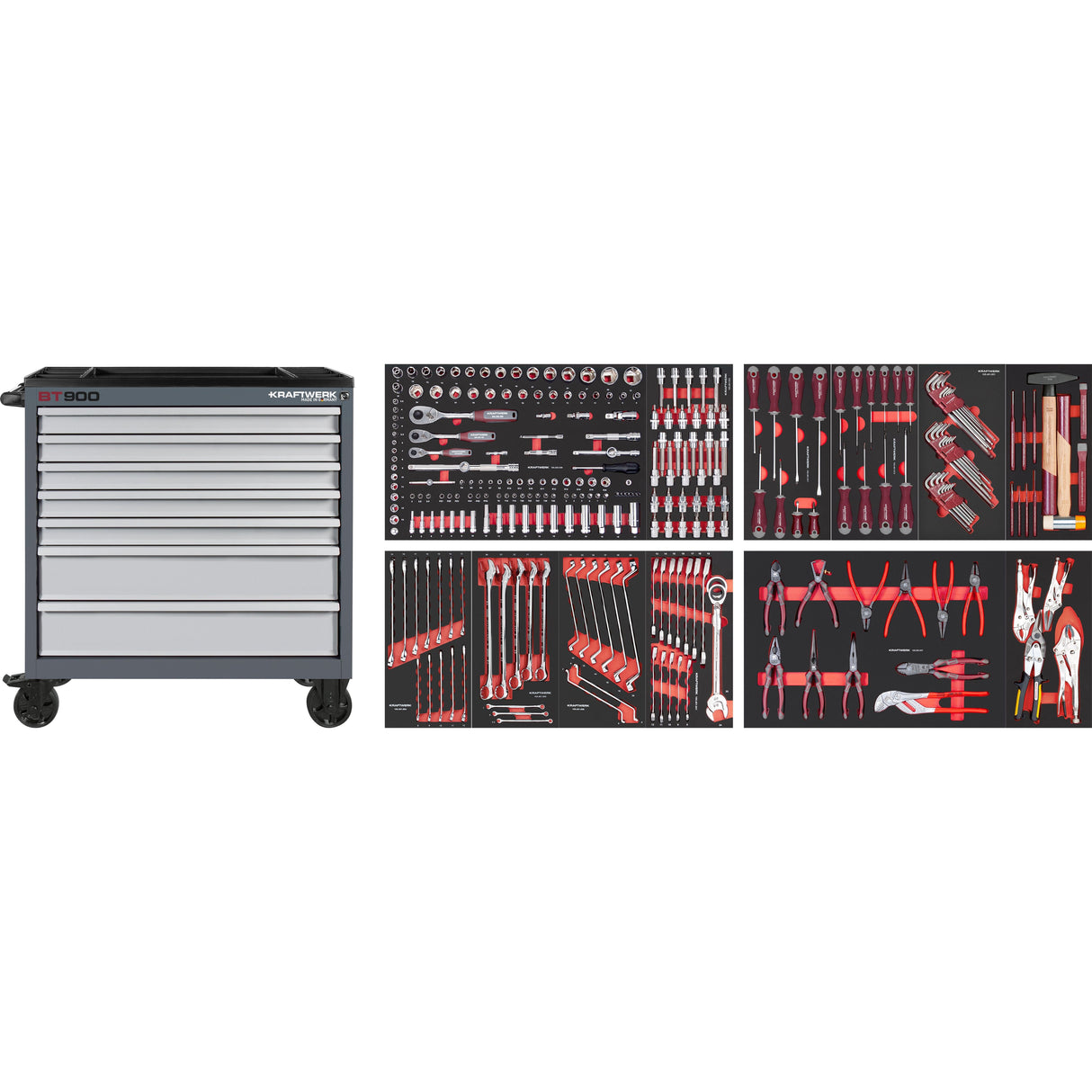 Kraftwerk Werkstattwagen mit Werkzeug bestückt „Made in Germany“ Modell BASIC LINE BT900, 7 Schubladen, PRO LINE Werkzeug, 278-tlg