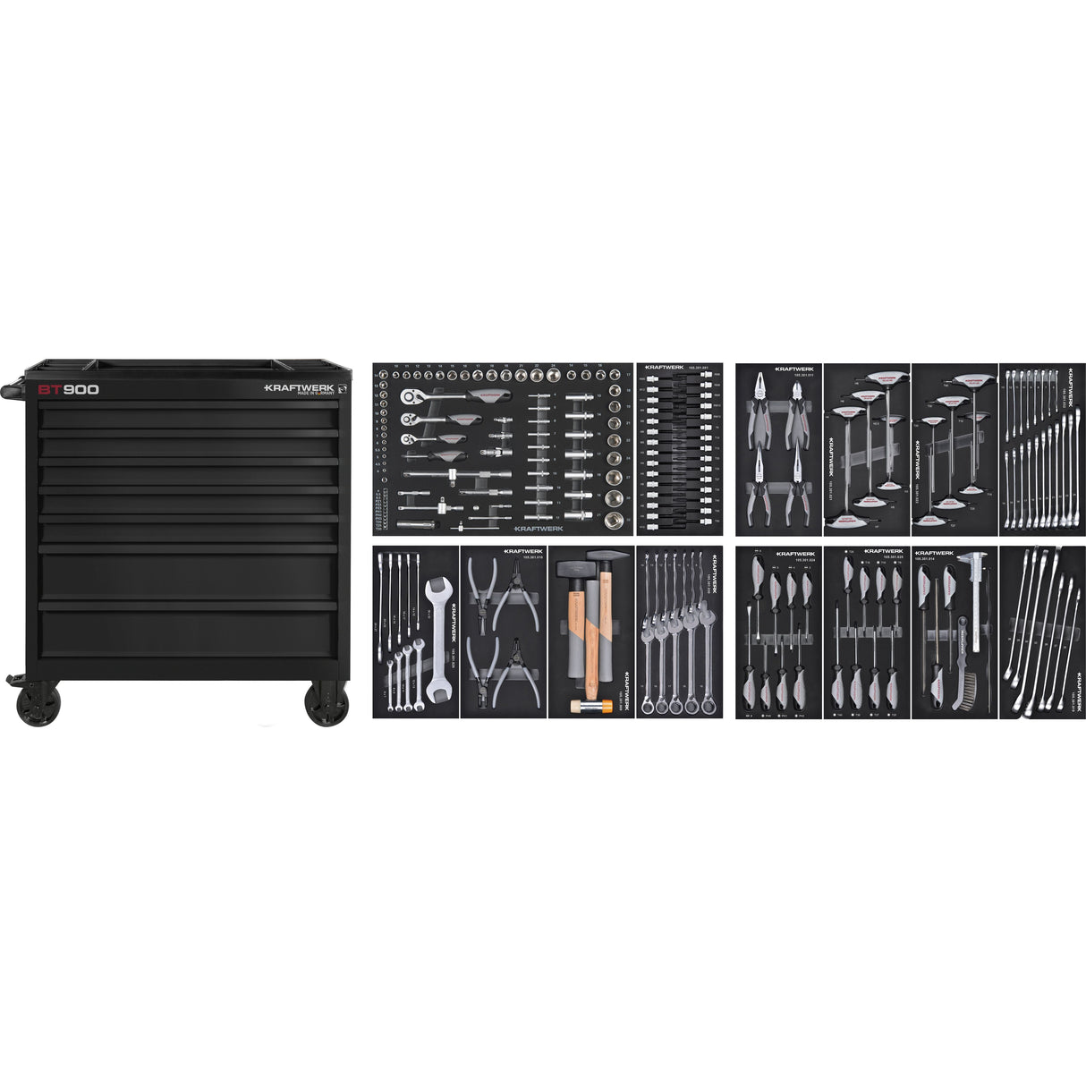 Kraftwerk Basic Line Werkstattwagen mit Werkzeug bestückt „Made in Germany“ Modell BT LINE Black Edition BT900s, 7 Schubladen, 211-tlg