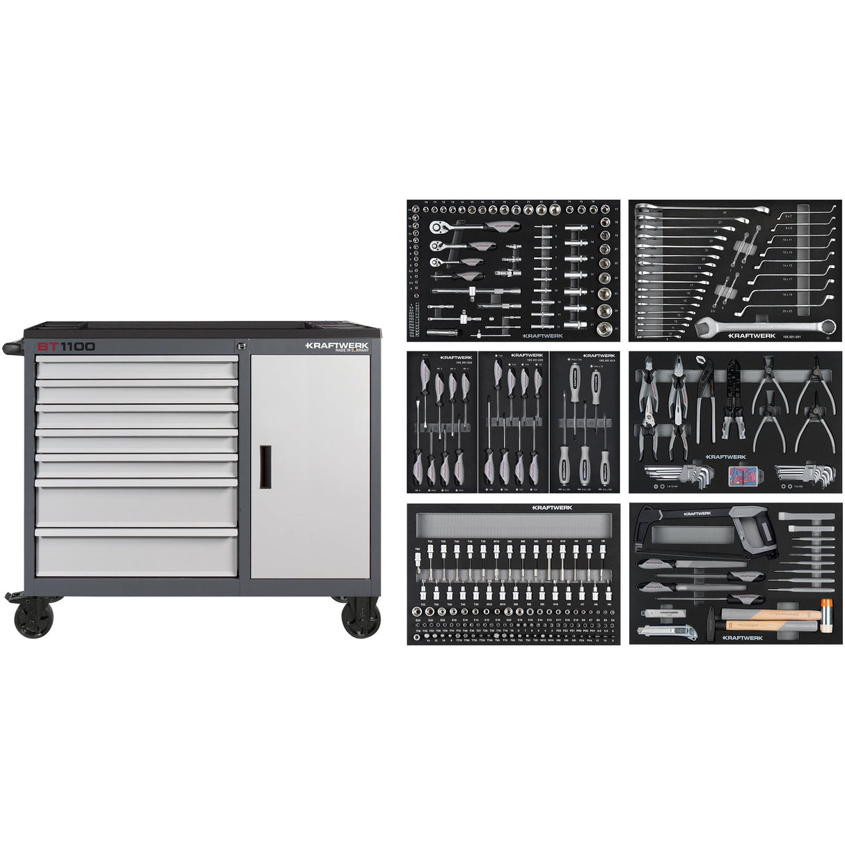 Kraftwerk Werkstattwagen mit Werkzeug bestückt „Made in Germany“ Modell BASIC LINE BT1100, 7 Schubladen + 1 Schrank, 300-tlg