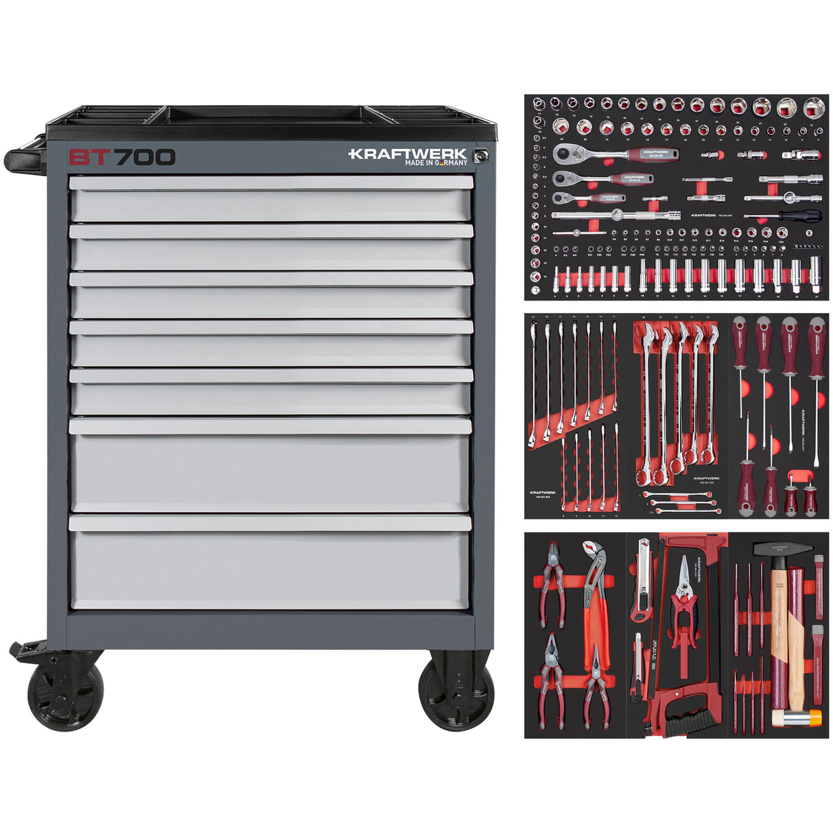 Kraftwerk Werkstattwagen mit Werkzeug bestückt „Made in Germany“ Modell BASIC LINE BT700, 7 Schubladen, 189-tlg