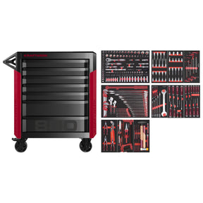 Premium black and red Kranzle tool chest with wheels from Tools.de, featuring six spacious drawers and a comprehensive set of organized tool trays, including wrenches, screwdrivers, pliers, and sockets, ideal for professional automotive or workshop use
