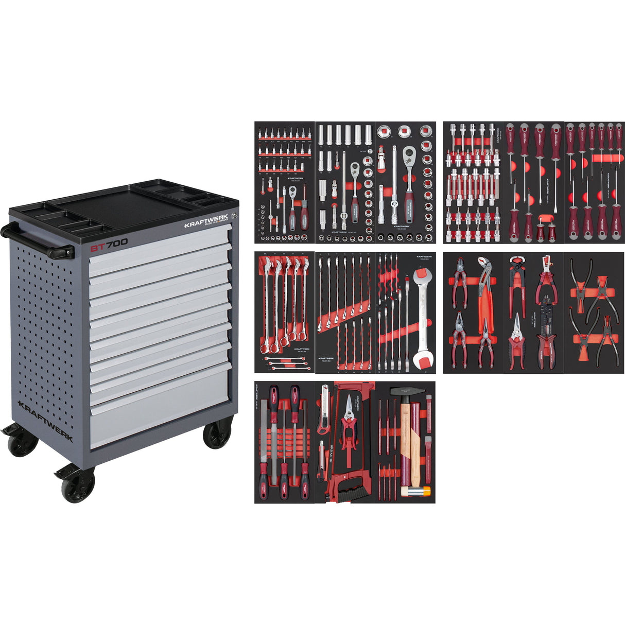 Kraftwerk Werkstattwagen mit Werkzeug bestückt „Made in Germany“ Modell BASIC LINE BT700, 8 Schubladen, PRO LINE Werkzeug, 236-tlg