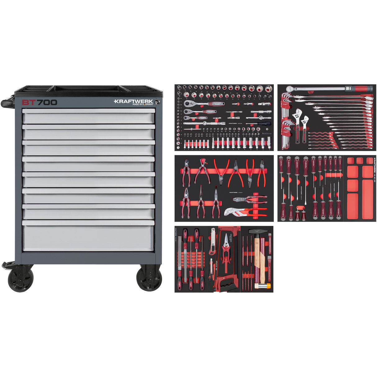 Kraftwerk Werkstattwagen mit Werkzeug bestückt „Made in Germany“ Modell BASIC LINE BT700, 8 Schubladen, PRO LINE Werkzeug, 242-tlg