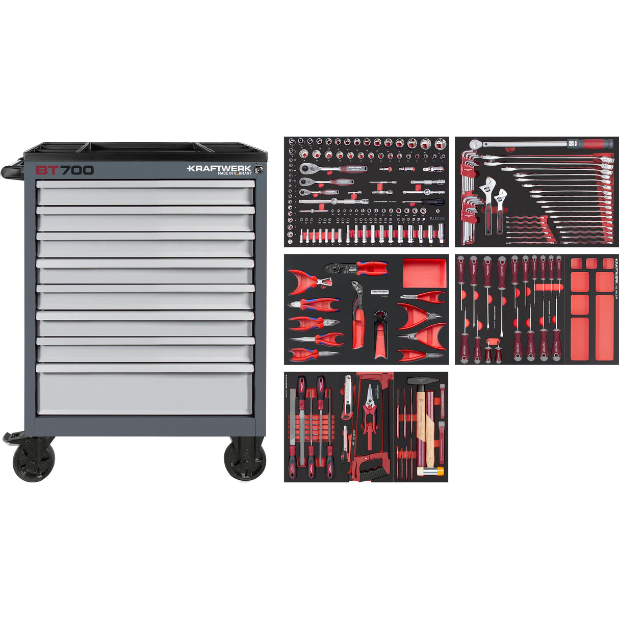 Kraftwerk Werkstattwagen mit Werkzeug bestückt „Made in Germany“ Modell BASIC LINE BT700, 8 Schubladen, PRO LINE Werkzeug, KNIPEX Zangen, 243-tlg
