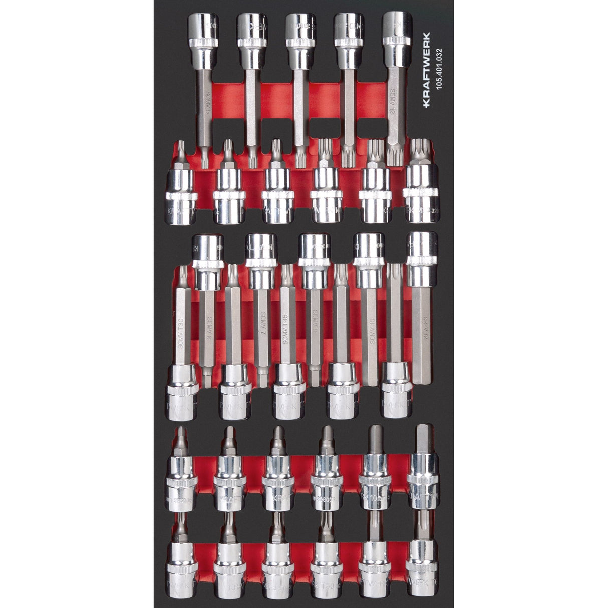 Kraftwerk PRO LINE 1/2" Schraubendreher-Steckschlüsseleinsatz Set, 55 mm, 100 mm lang, EVA-Einlage, 20 x 40 cm, 33-tlg