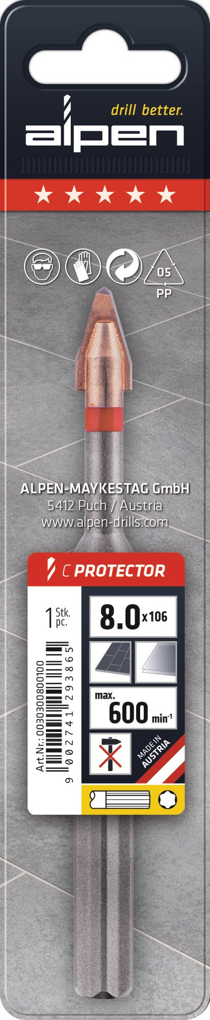 ALPEN Feinsteinzeugfliesenbohrer C PROTECTOR Ø 6 mm für extrem harte Fliesen, Glas und Porzellan