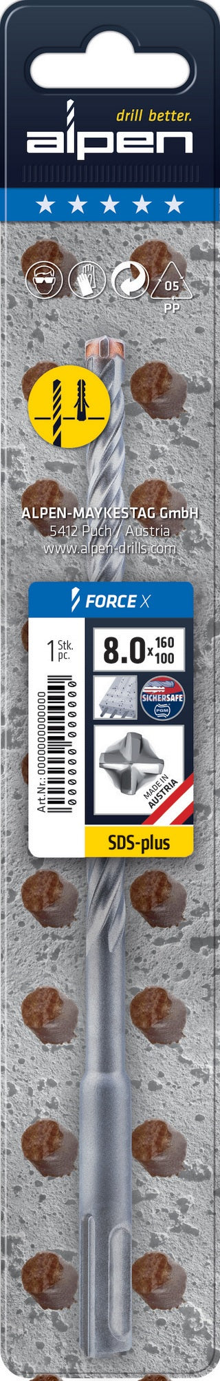 ALPEN Hammerbohrer Force X SDS-plus Ø 5,0 mm, 4 Vollhartmetall-Schneiden, 110 mm