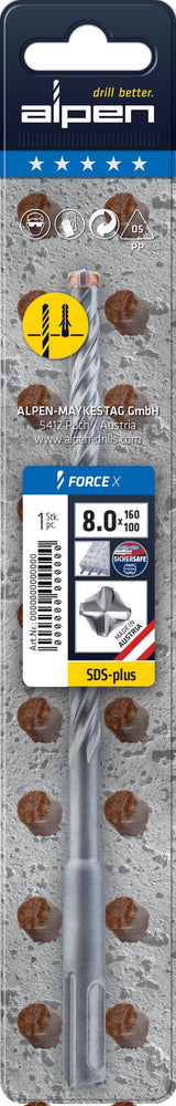 ALPEN Hammerbohrer Force X SDS-plus Ø 5,0 mm, 4 Vollhartmetall-Schneiden, 110 mm