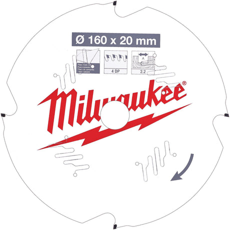 MILWAUKEE Kreissägeblatt 160 mm Z4 DF – THIN KERF für Akku-Handkreissägen, 20 mm Bohrung