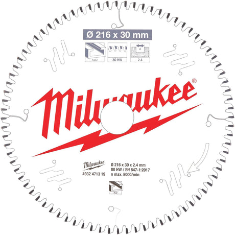 MILWAUKEE Kreissägeblatt 216 mm Z80 für Aluminium, Bohrung 30 mm, für Gehrungssägen