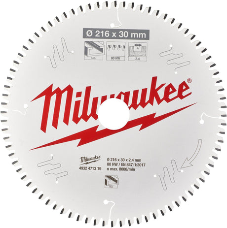 MILWAUKEE Kreissägeblatt 216 mm Z80 für Aluminium, Bohrung 30 mm, für Gehrungssägen