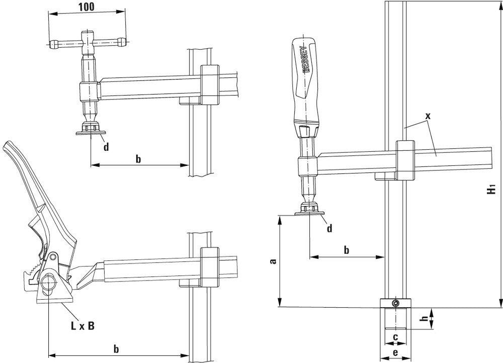 BESSEY Spannelement TWV mit variabler Ausladung für Schweißtische – max. 200 mm Spannweite