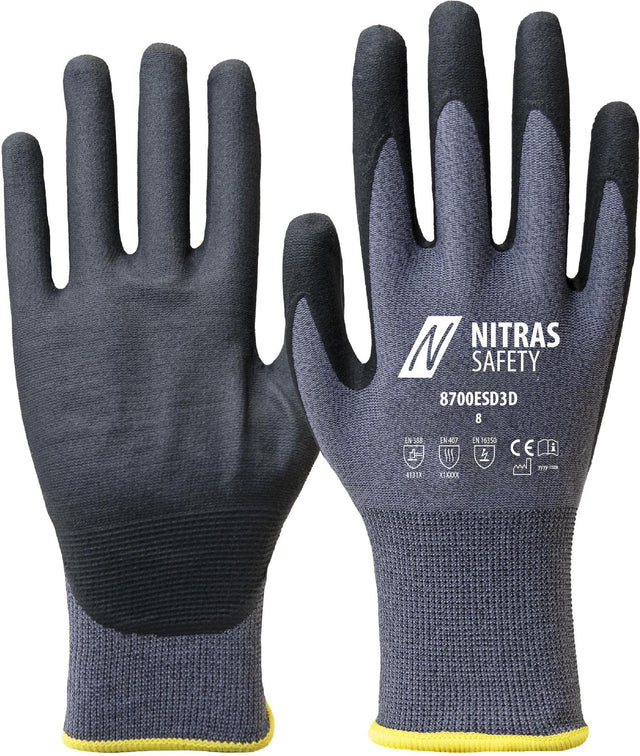 NITRAS SAFETY Handschuhe 8700ESD3D Gr.10 grau/schwarz EN 388/EN 407/EN 16350 PSA II – 12 Paar
