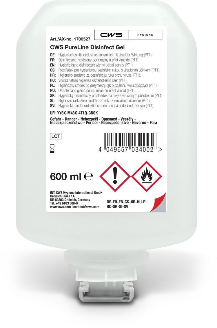 CWS PureLine Desinfektionsgel 600 ml Kartusche – 8 Flaschen à 600 ml, ca. 400 Portionen pro Flasche