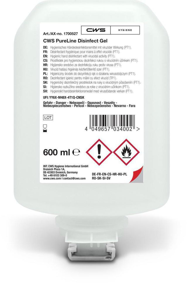 CWS PureLine Desinfektionsgel 600 ml Kartusche – 8 Flaschen à 600 ml, ca. 400 Portionen pro Flasche