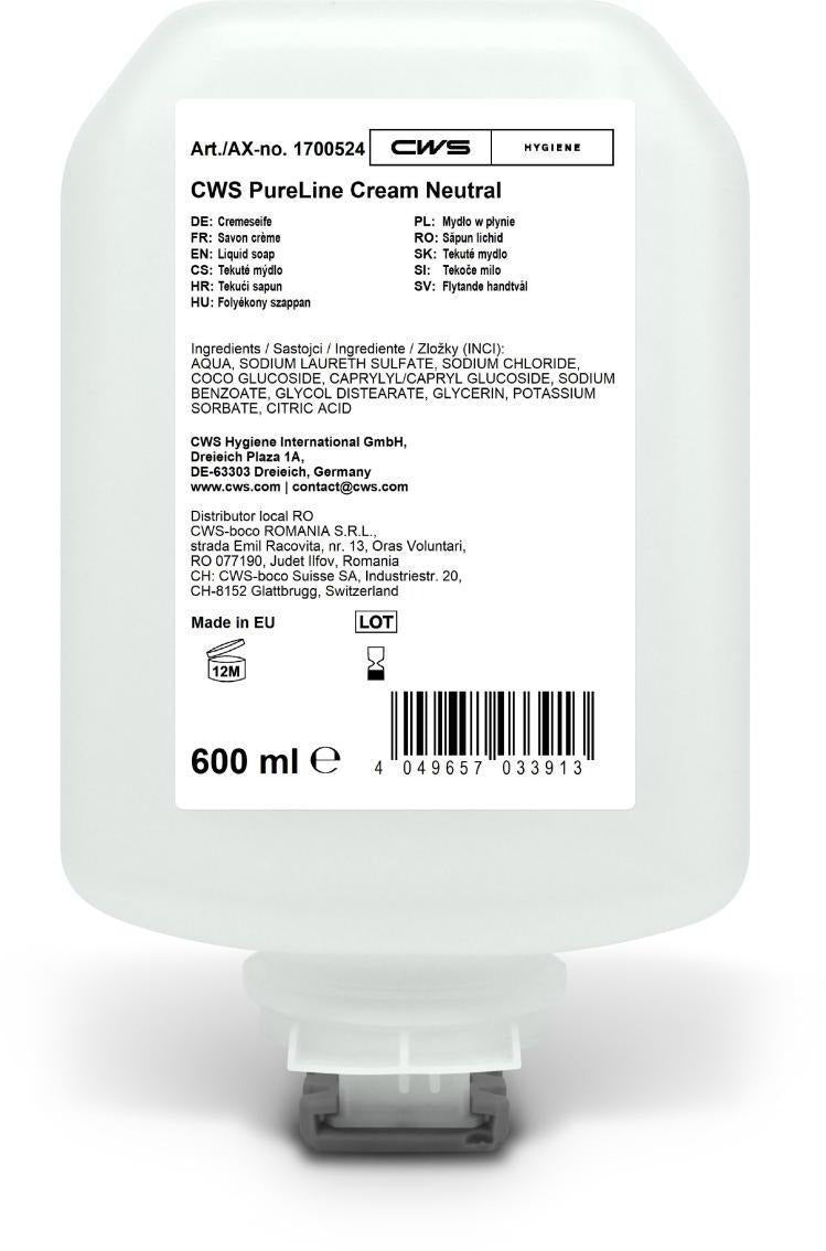 CWS PureLine Cream Neutral 600 ml – 8 Flaschen Handseifencreme für Spender