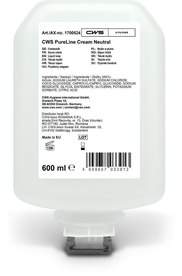 CWS PureLine Cream Neutral 600 ml – 8 Flaschen Handseifencreme für Spender