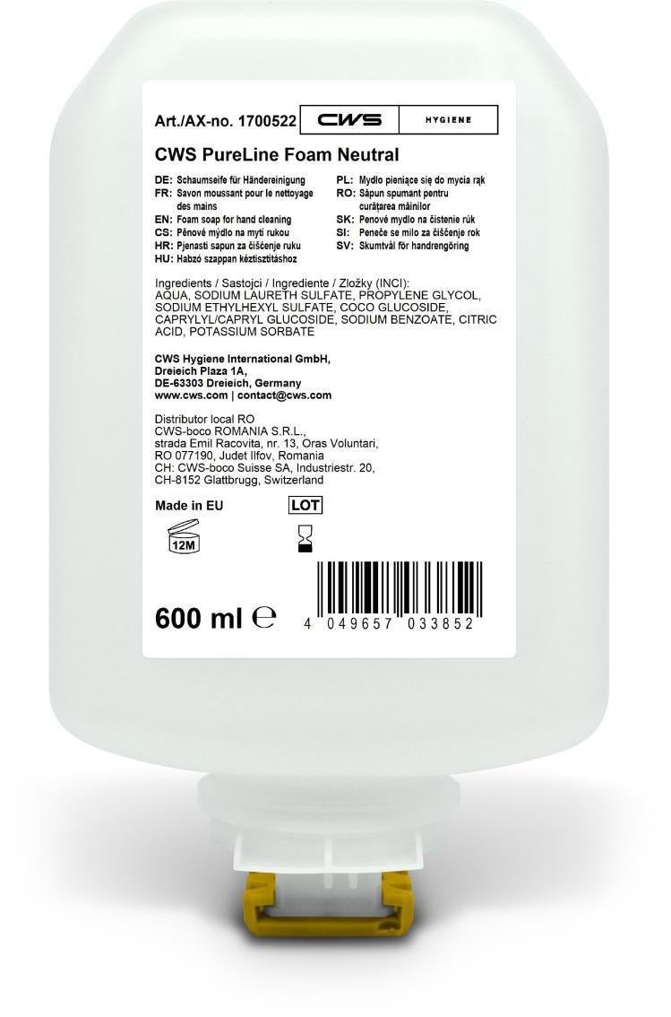 CWS PureLine Foam Neutral Seifenschaum 600 ml – 8 Flaschen à 2000 Portionen